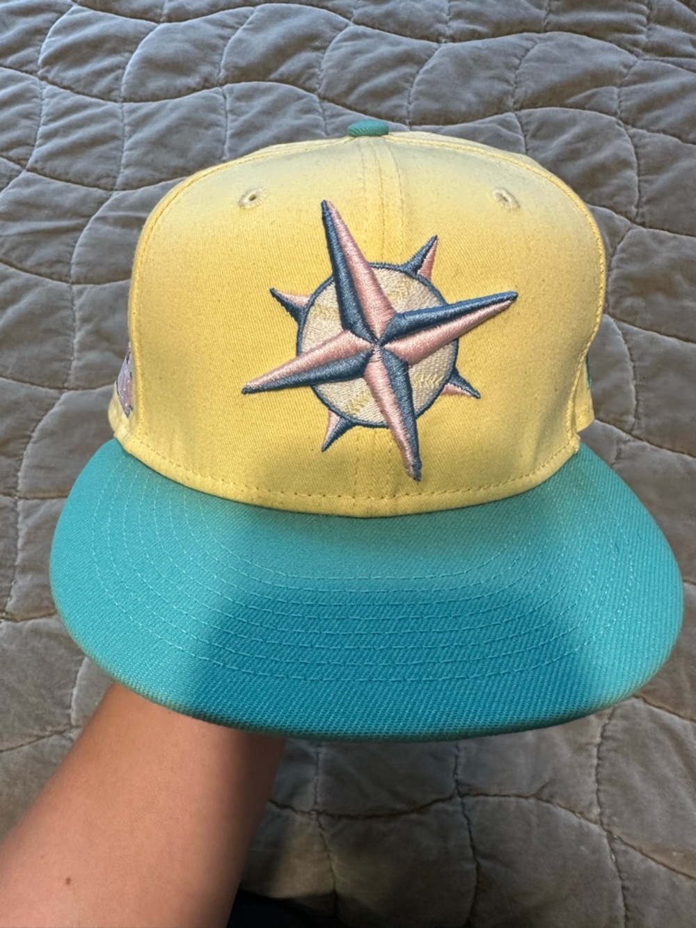 New Era Yellow and Teal Baseball Cap with Star Compass Embroidery